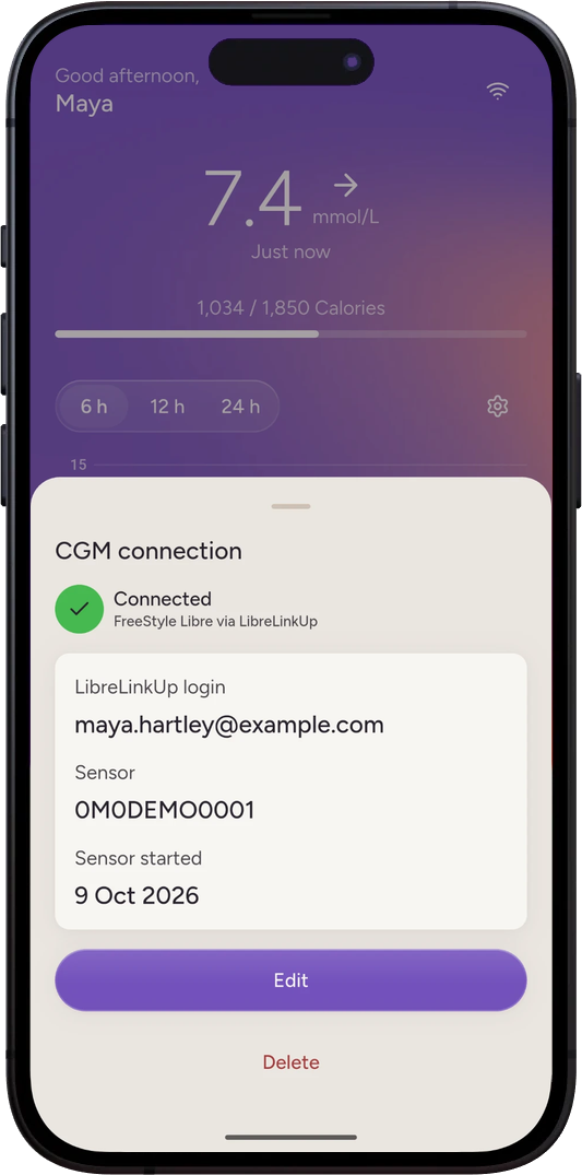 The Loomi CGM connection sheet: connected to a FreeStyle Libre, with the sensor and when it started.